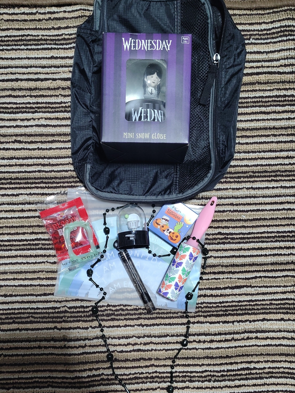 #0263 Black Bag W/ Goodies with Purple Wednesday Mini Snow Globe Combo